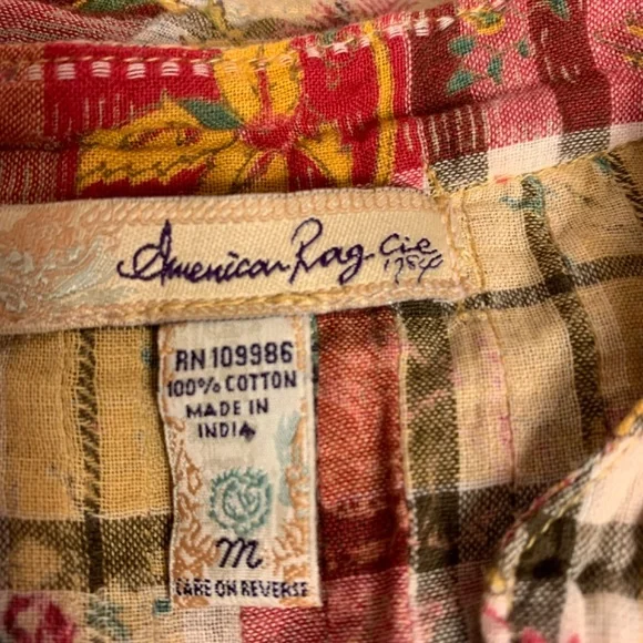 American Rag Womens Blouse Babydoll Plaid Boho Country Western Size M Festival - Picture 5 of 8